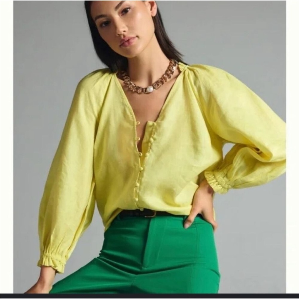 Anthropologie Maeve The Audie Linen Puff-Sleeve Blouse Size XS Yellow